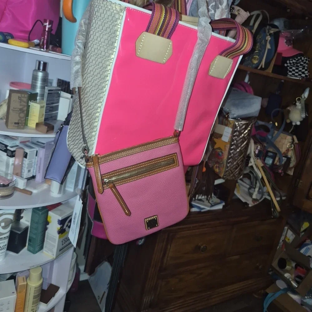 Dooney & Bourke Pink Pebble Leather Crossbody with Tan Trim